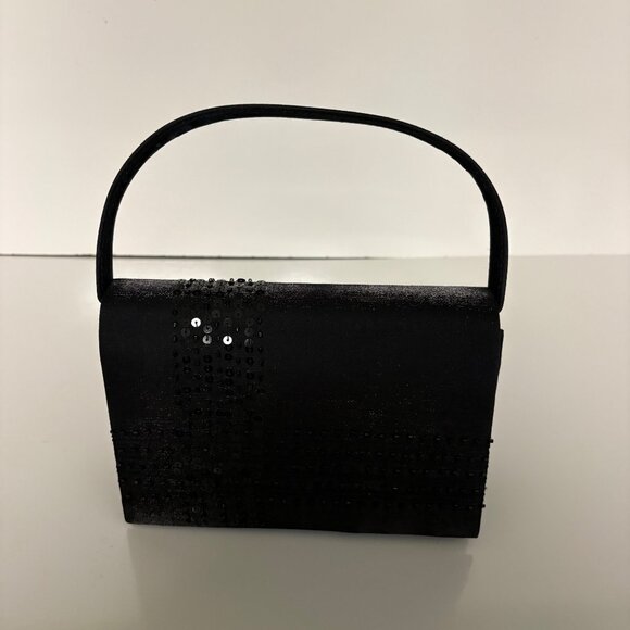 Menbur Black Evening Satin Clutch Beaded Sequins Snap Closure Classic Purse NEW - Picture 2 of 9